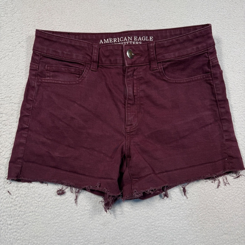American Eagle Hi-Rise Shortie Women 8 Burgundy Super Stretch Raw Hem Shorts